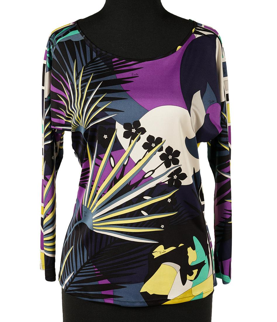 Emilio Pucci Multi-Color Floral Top Size 10: Emilio Pucci floral top in purple, midnight blue & black. Scoop neck and raglan sleeves. Measures bust 36"; length from shoulder 23". Condition report: good condition, no issues, see photos. Examine a