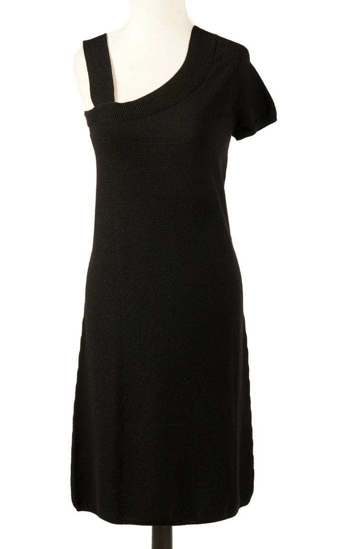 Chanel Wool One Shoulder Sweater Dress Sz 40: Chanel soft woven textured wool little black sweater sheath dress with one sleeve. Comes with Chanel CC flocked hanger. Measures bust 34"; hip 38"; length from shoulder 39". Condition report: good con