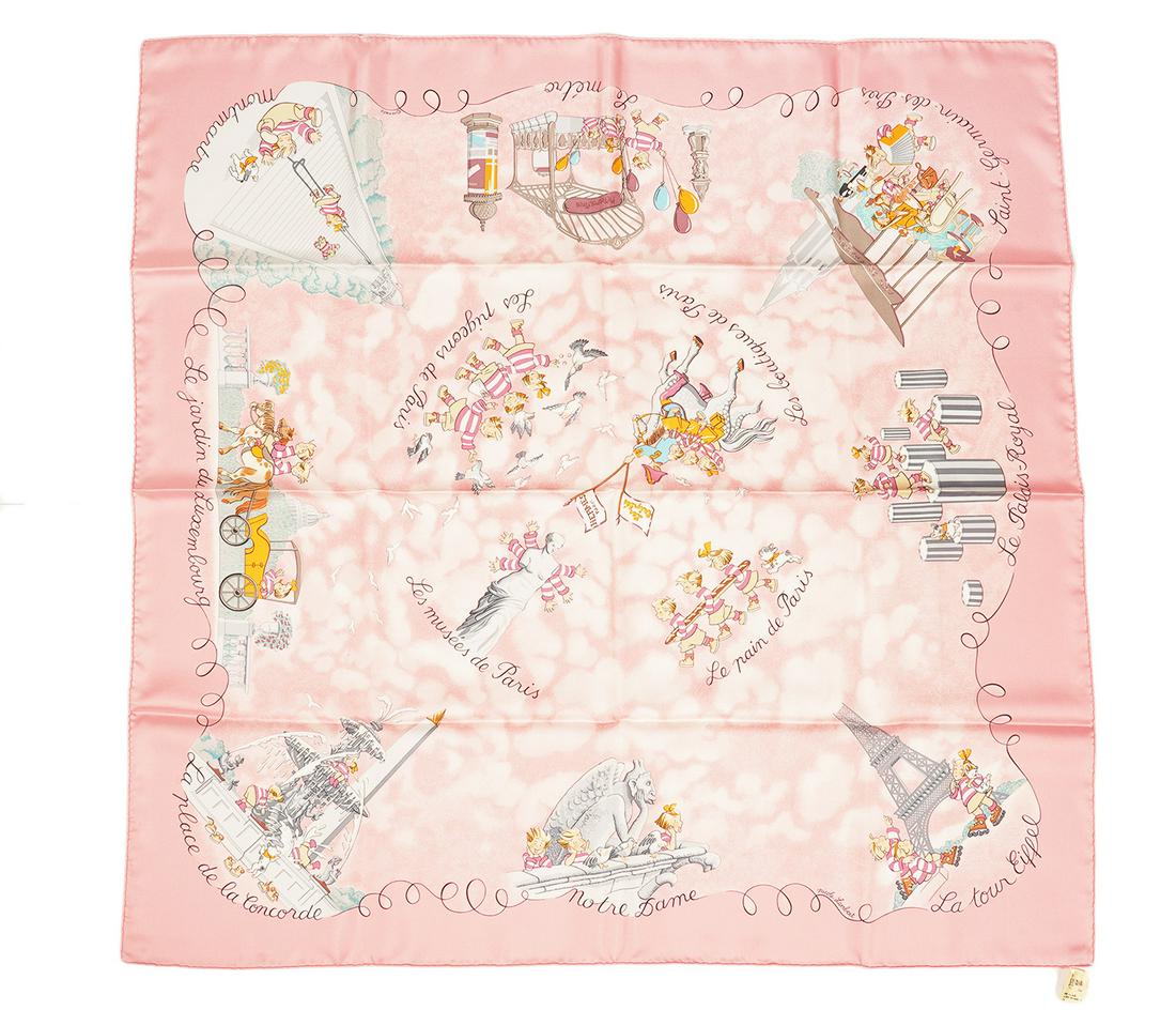 Hermes Silk Scarf Les Triples 90cm Pink: Hermes silk scarf 'Les Triples' in rose and designed by Nicole Lambert. Release date 2005. New in box with tags, see photos. Measures 90cm x 90 cm (34" x 34"). Examine all photos closely. Contact AAG 