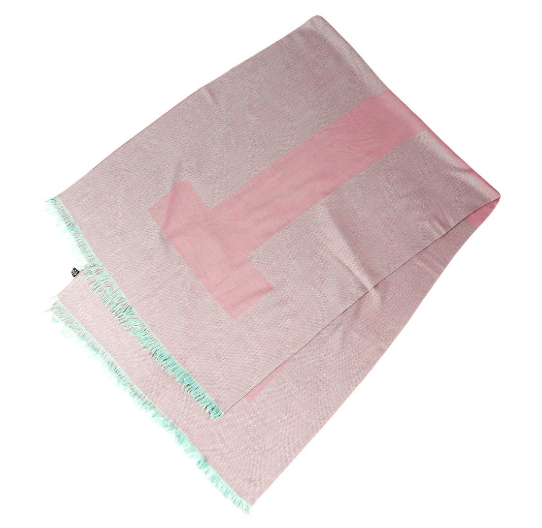 Hermes Cashmere & Wool Herringbone H Wrap: Hermes double face with large 'H' in middle. Herringbone stitch in colors of purple and turquoise with fringed edges. Measures 60"W x 84"L. Condition report: good overall condition, no issues, see pho