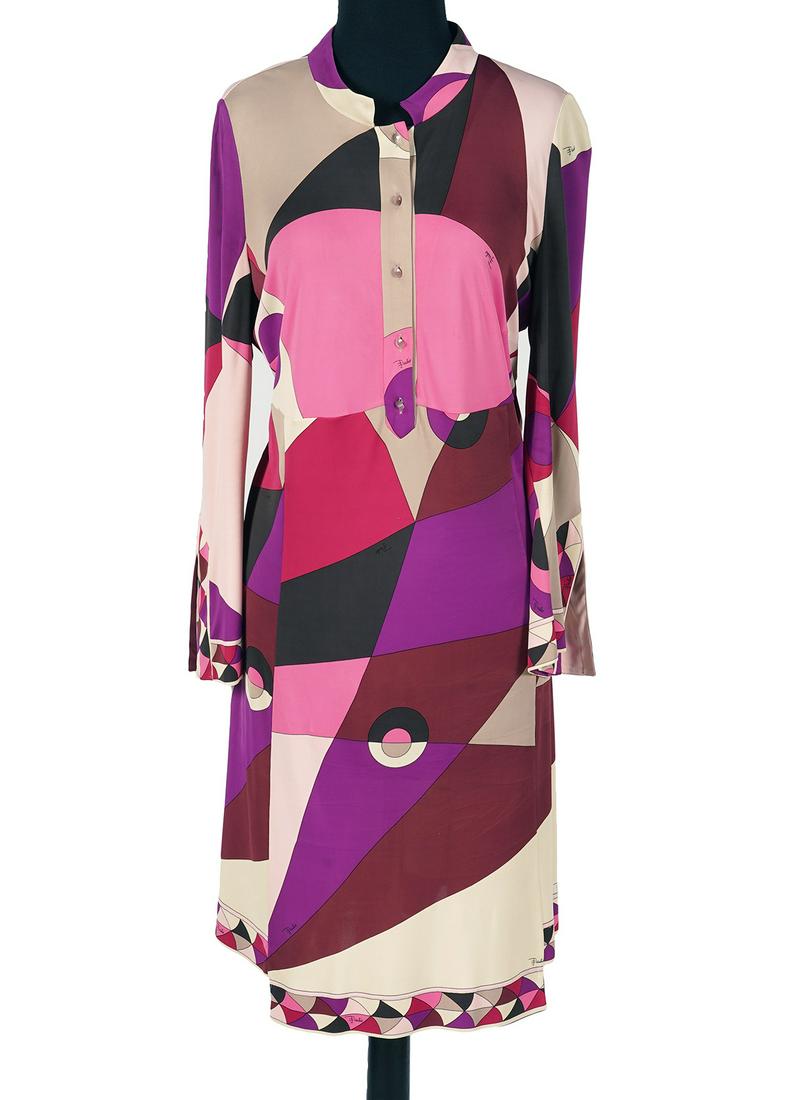 Emilio Pucci Pink & Purple Shift Size 14: Emilio Pucci shift dress in pinks and purples with button neckline and slight bell sleeves, size 14. Measures bust 40"; hip 40"; length 38". Condition report: a few very tiny snags, see photos. Examin