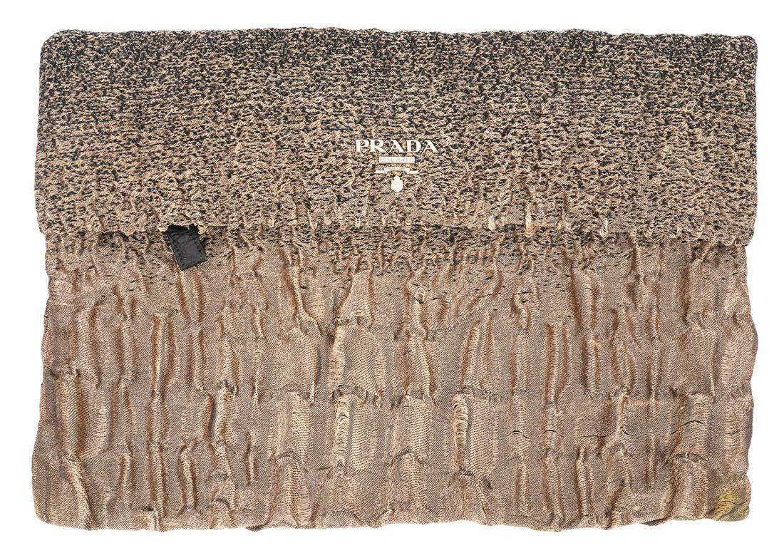 Prada Silk Blend Ruched Clutch Croc Zipper Pull: Prada Silk Blend Ruched Clutch Serial Number: 14XX XXXXXX Size: 14"L x 9.75"H x .5"D, 36cmL x 25cmH x 1cmD Mocha / gold silk and cotton blend ruched clutch with black signature lining and genuine blac