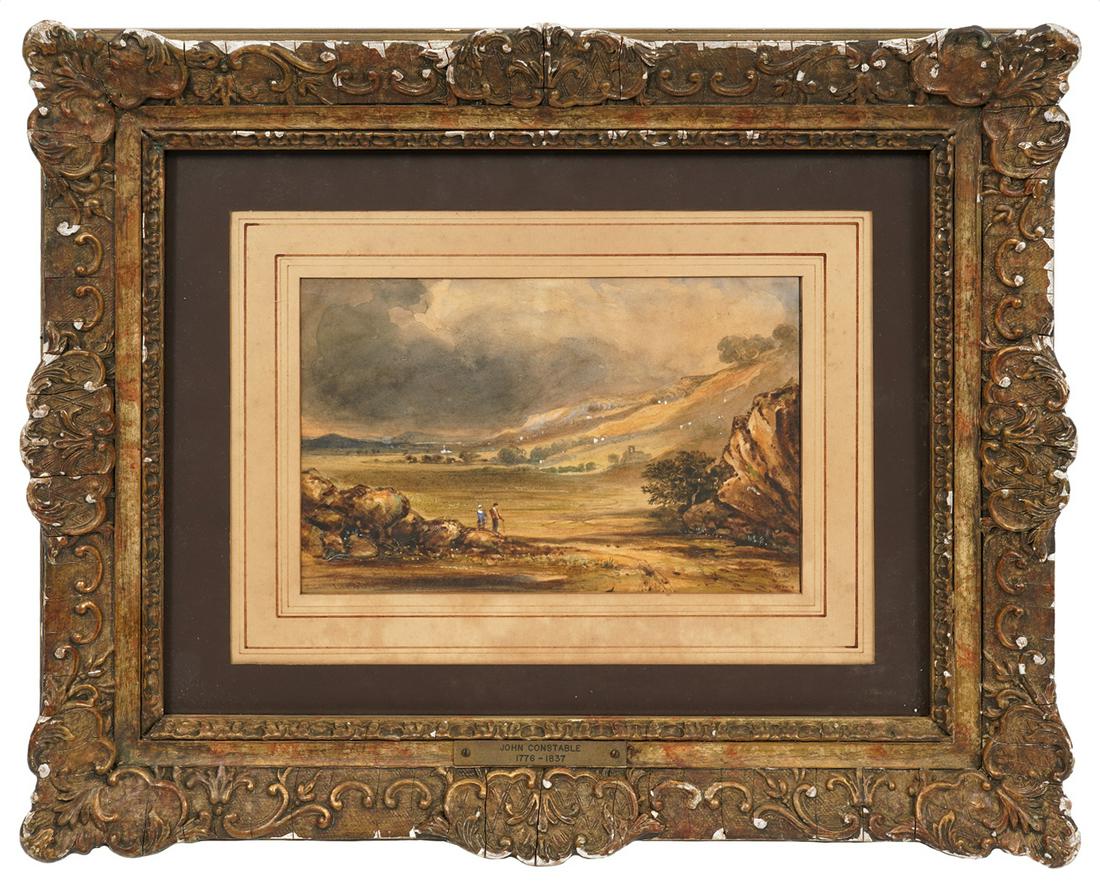 Watercolor 'The Valley' Attrib. to John Constable: Watercolor of 'The Valley' attributed to John Constable, U.K. (1776-1837) faintly signed in pencil lower left. Measures 15"H x 18"W framed; 5.75"H x 9"W unframed. Condition report: wear commensurate w