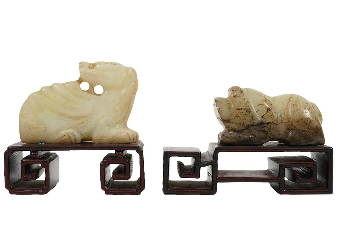 2 Carved Jade Animals on Greek Key Wood Bases (1 of 10)
