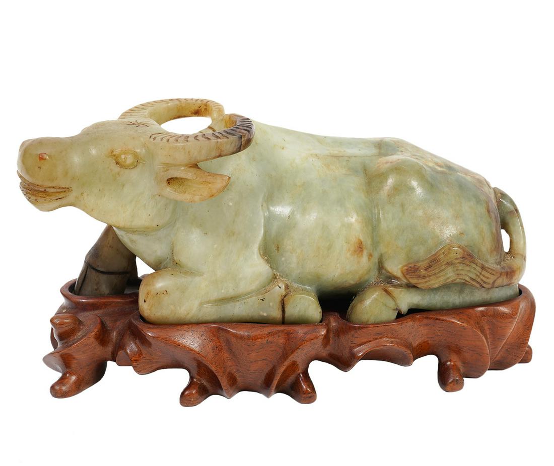 Chinese Jade Figure of Reclining Ox on Wood Base (1 of 9)
