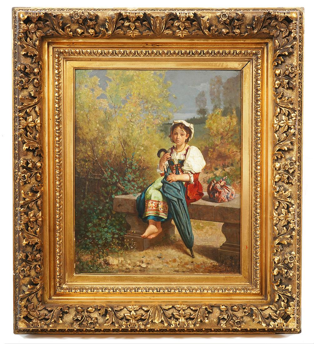 Guerman Von Bohn 'Roman Girl' Oil Painting: German Von Bohn, Germany (1812-1899) Oil on board in elaborate gilt carved wood frame of young Roman girl resting in a landscape setting in the Campagna, created 1869. Signed lower right. Measures 29"