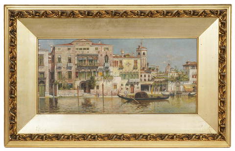 Egisto Massoni 'Venetian Canal' Oil on Canvas: Egisto Massoni, Italy (1854-1929) Oil on canvas 'Venetian Canal' scene, signed lower right. Label on verso Albany Art Gallery & Co. & Annesley & Co., ornate gilt carved framed. Measures 17 3/8"H x 27.