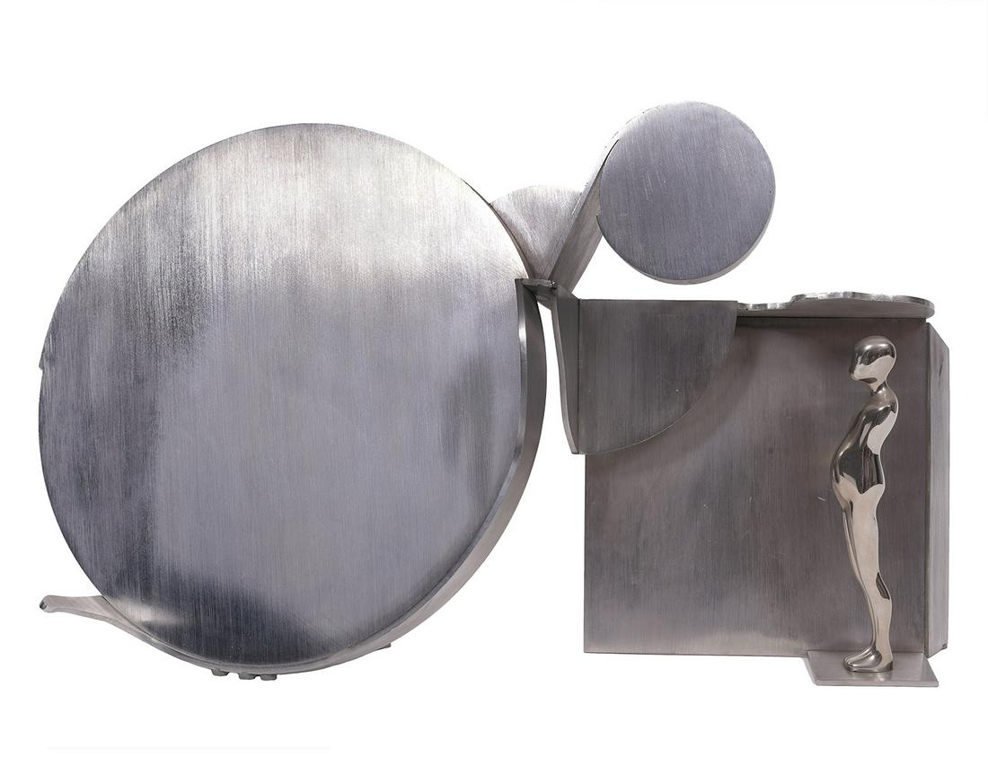 Ernest Trova Signed Abstract Sculpture: Ernest Trova, U.S. (1927-2009) Abstract metal sculpture with Falling Man in front. Signed & numbered on back 17-99. Measures 10"H x 17.5"L x 6.5"W. Condition report: good condition, see photos. Please