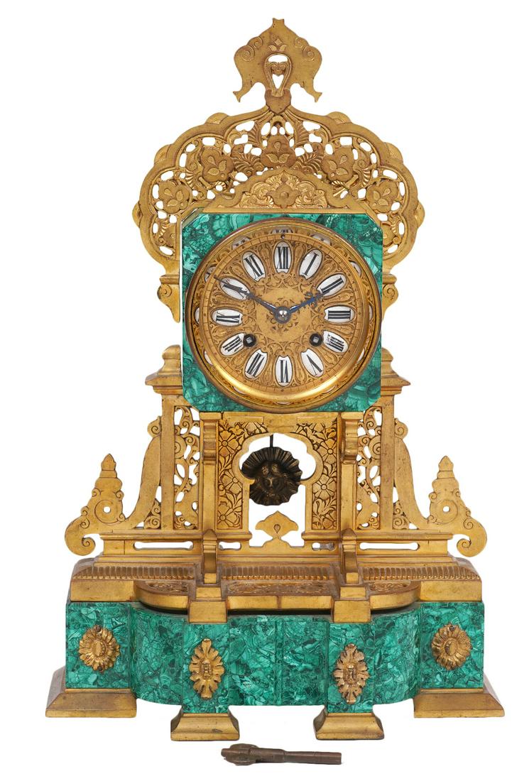 19th Ct French Malachite & Dore Bronze Mantel Clock (1 of 14)