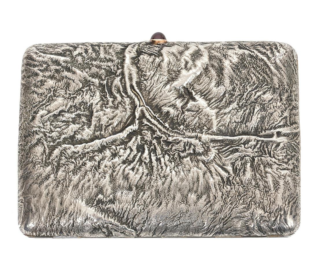 Russian Antique 84 Imperial Silver Samorodok Case: Russian antique 84 Imperial silver Samorodok case with overall textured designs in relief from Pskov. Gold wash interior and gilt silver initial on outside. Total weight 6.9 troy ounces. Measures 4.25