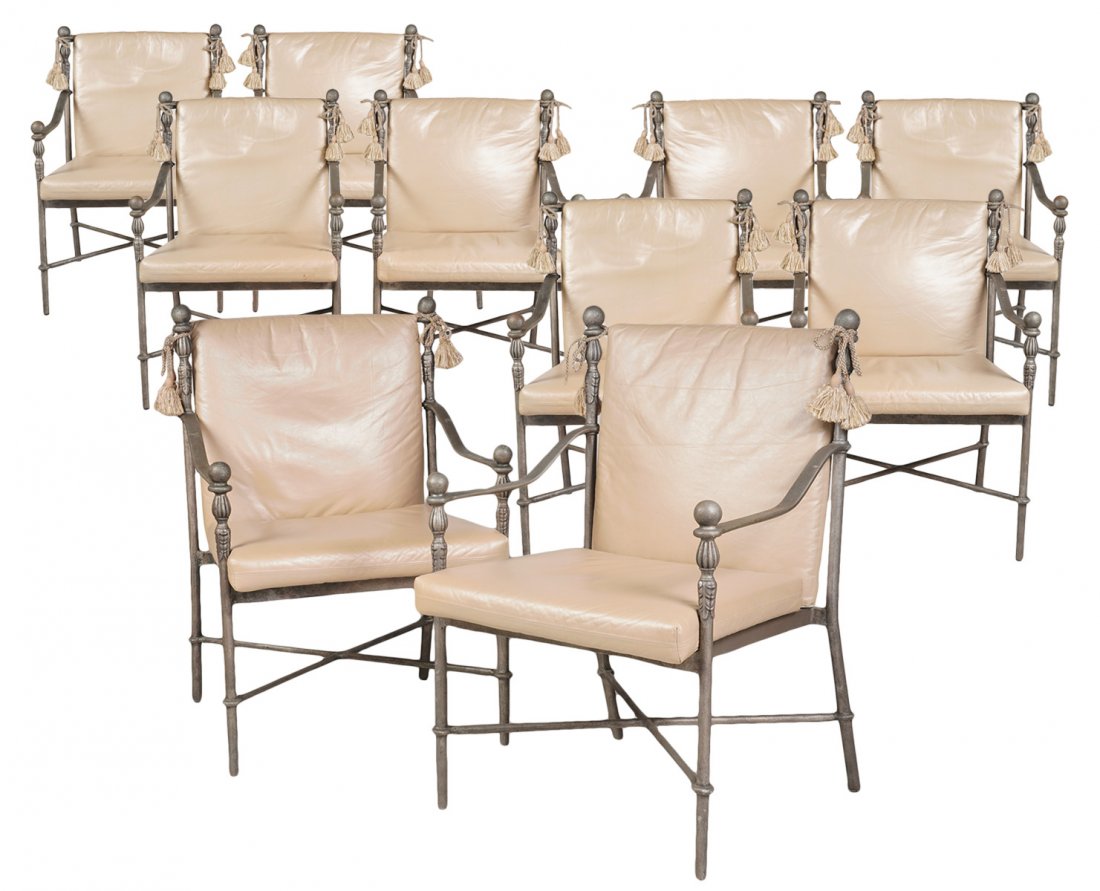10 Michael Taylor Montecito Dining Chairs: Set of 10 Michael Taylor dining chairs with cream leather seat and back cushions on aluminum gun metal powder coat frames, #MTD-1078. Measures 34"H back x 13"W x 18"H seat x 22"D seat. Condition repor