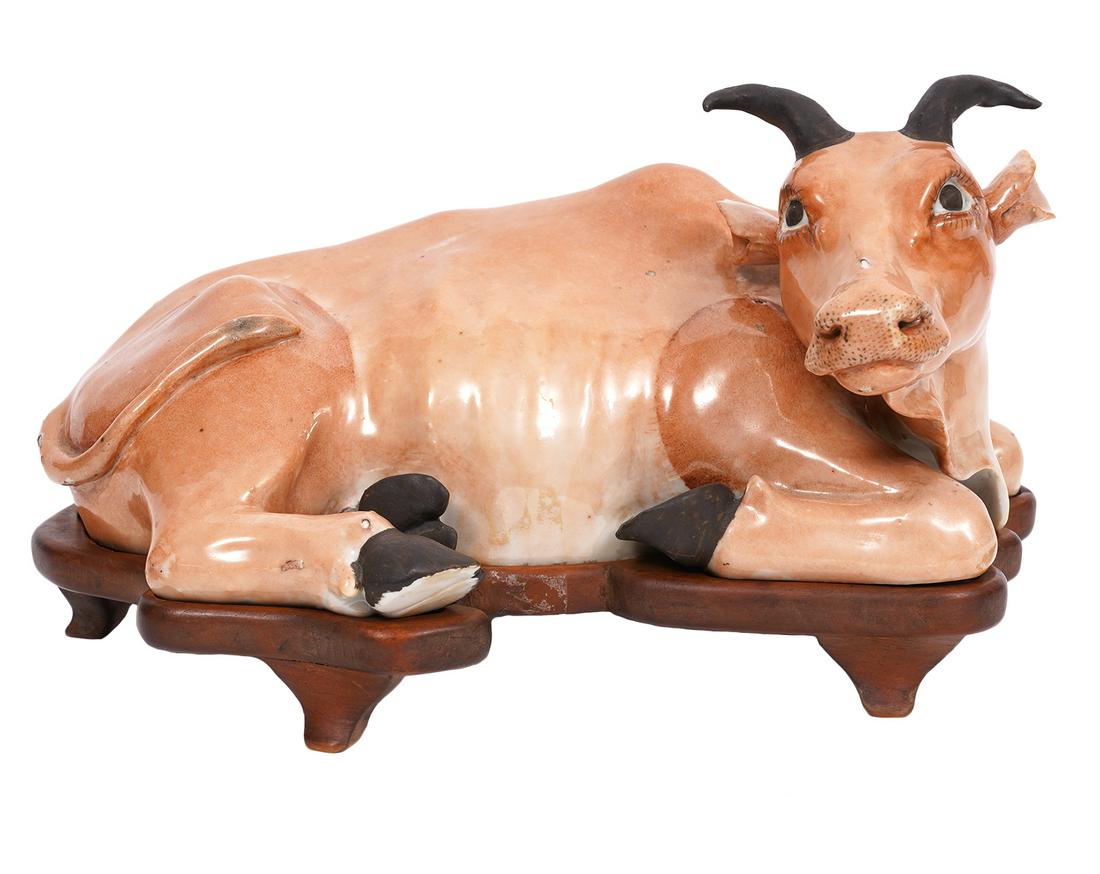 Antique Chinese Ceramic Water Buffalo on Wood Base (1 of 8)