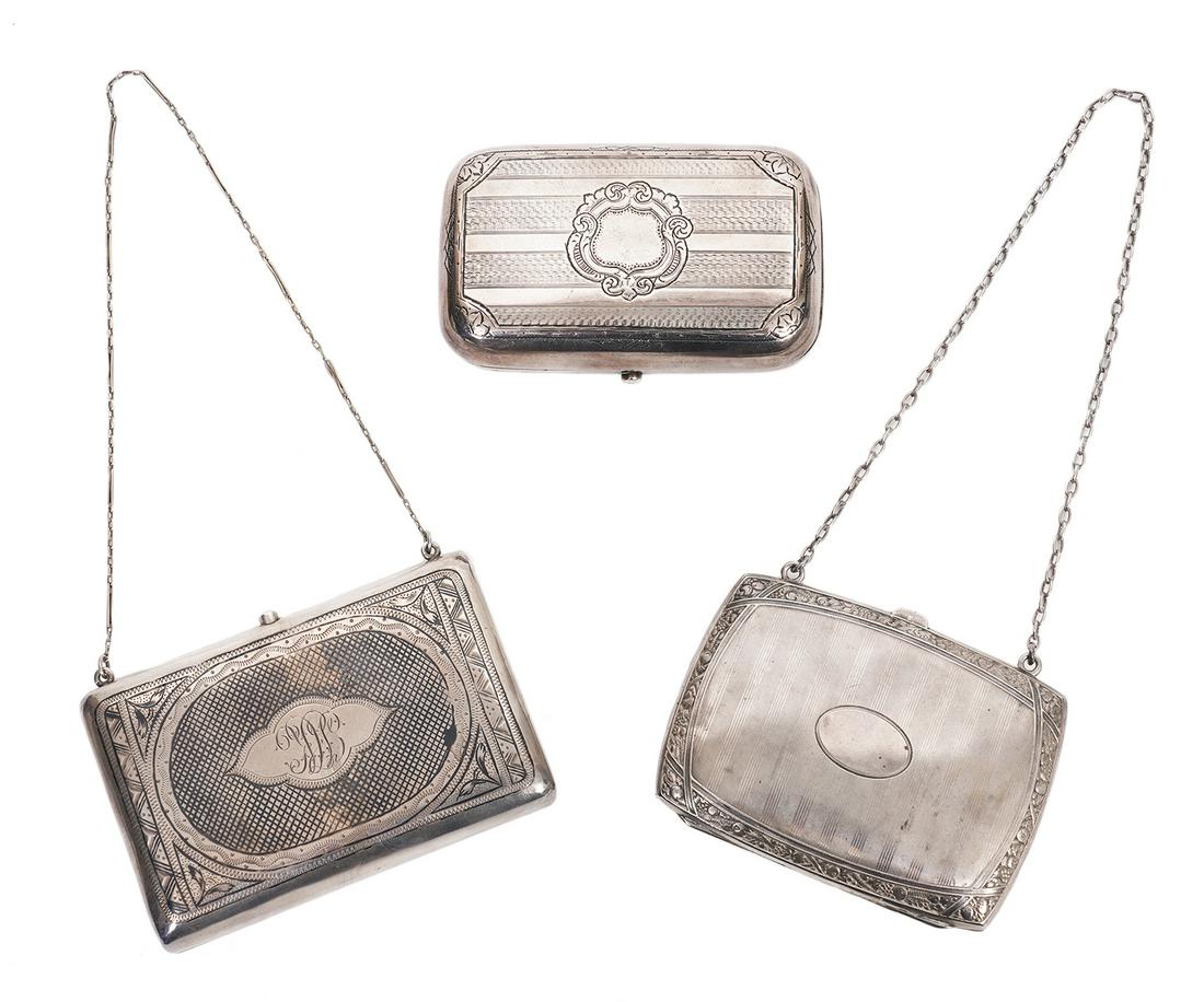 3 Assorted Continental Silver Decorative Boxes: Group of 3 continental silver boxes includes 1) box with chain handle and 3 inside compartments, marked Sterling on side; measures 3.5"L x 2.75"W x .5"D; weighs 3.15 troy ounces. 2) Niello 84 silver h