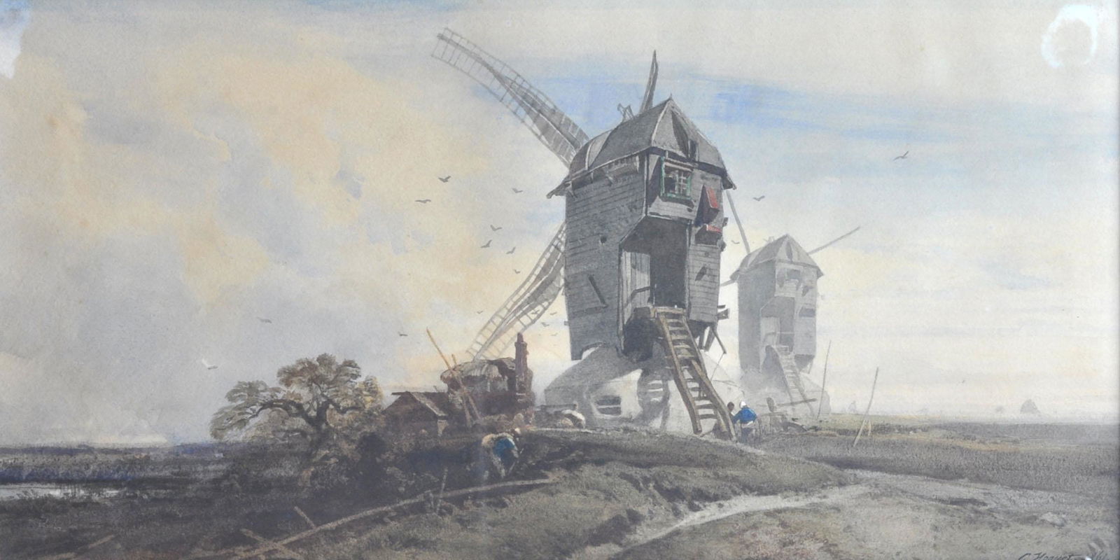 Charles Hoguet 'Windmaills by the River' W/C: Charles Hoguet, Germany (1821-1870) Watercolor signed and date lower right, 1861. Landscape scene of windmills and figures by the river in ornate carved wood frame with brass name plate. Label on vers