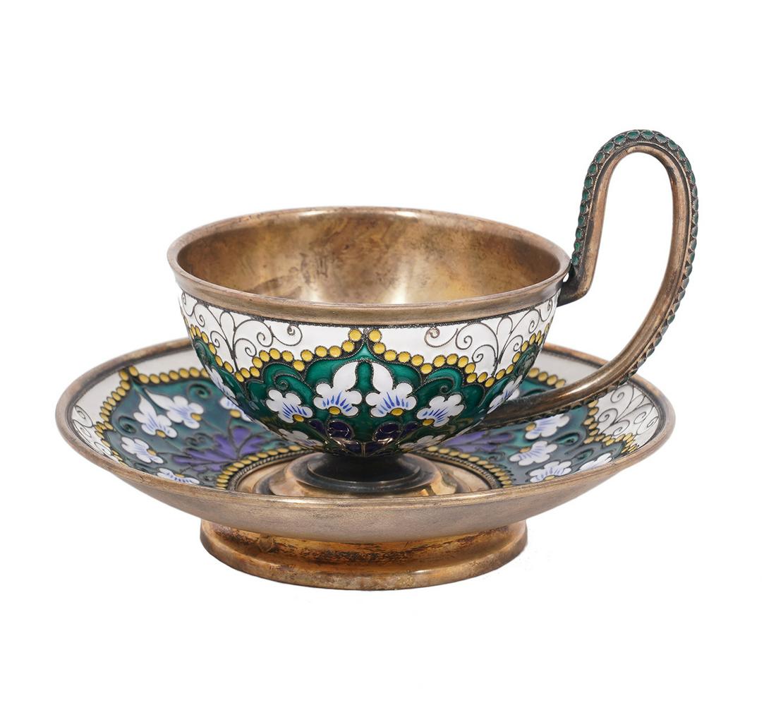 Russian Imperial 84 Silver Enamel Cup & Saucer (1 of 8)