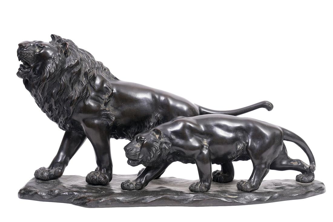 Japanese Bronze Prowling Male & Female Lions (1 of 13)