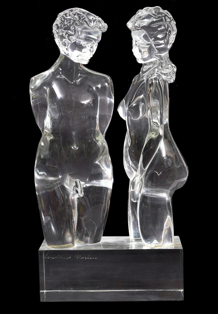 Loredano Rosin 'Lovers' Signed Art Glass Sculpture: Loredano Rosin, Italy (1936-1992) Clear glass sculpture of artfully posed nude man and woman mounted on glass base. Signature etched on base. Measures 22.5"H; base 11"L x 5"W x 4"H. Condition report: 