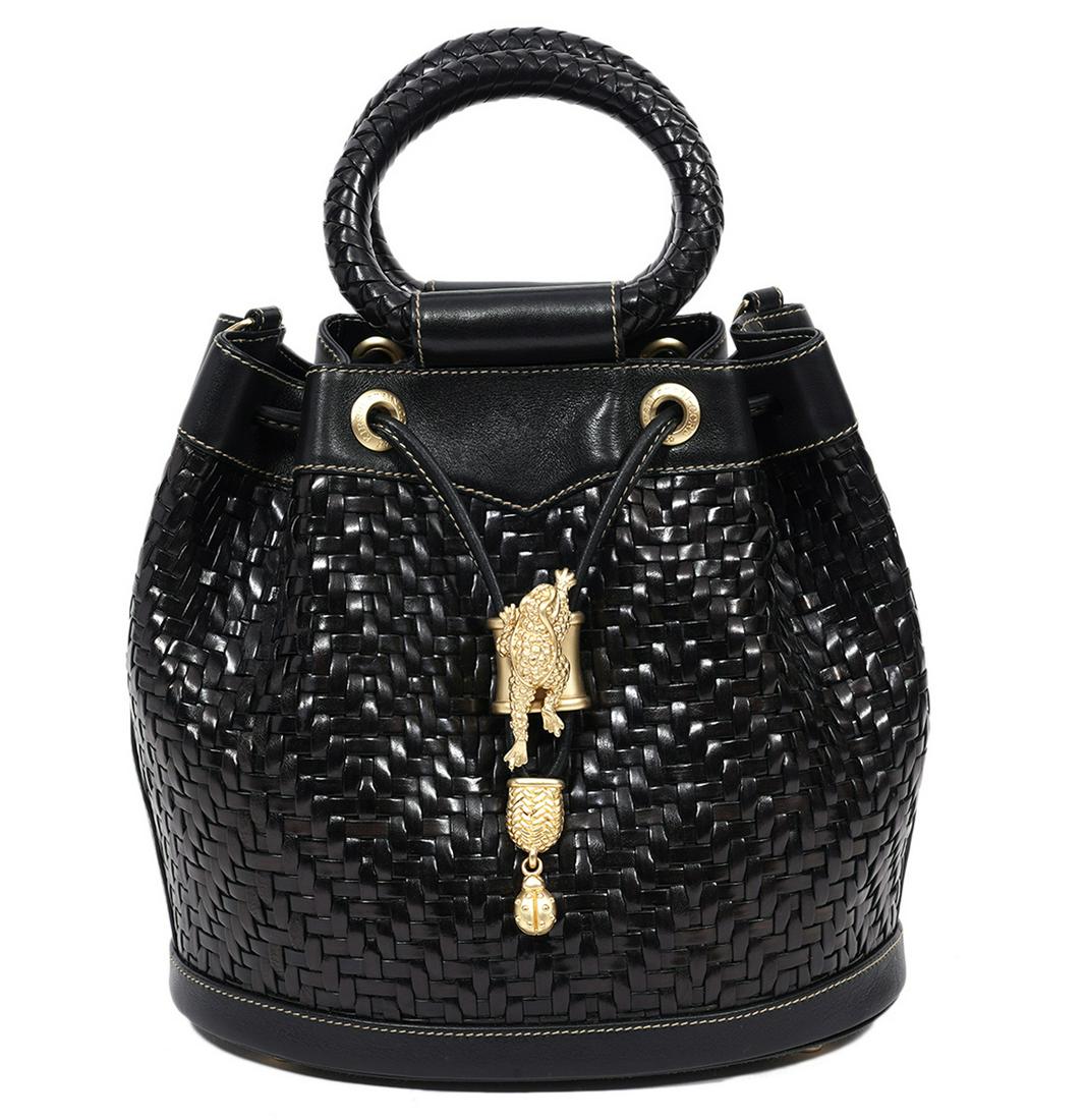 Keiselstein Cord Black Leather Bucket Bag: Barry Keiselstein Cord bucket bag featuring black woven leather, woven round handles. snap closure and a drawstring accented with a textured gold tone frog and dangling ladybug. Lined in green suede w