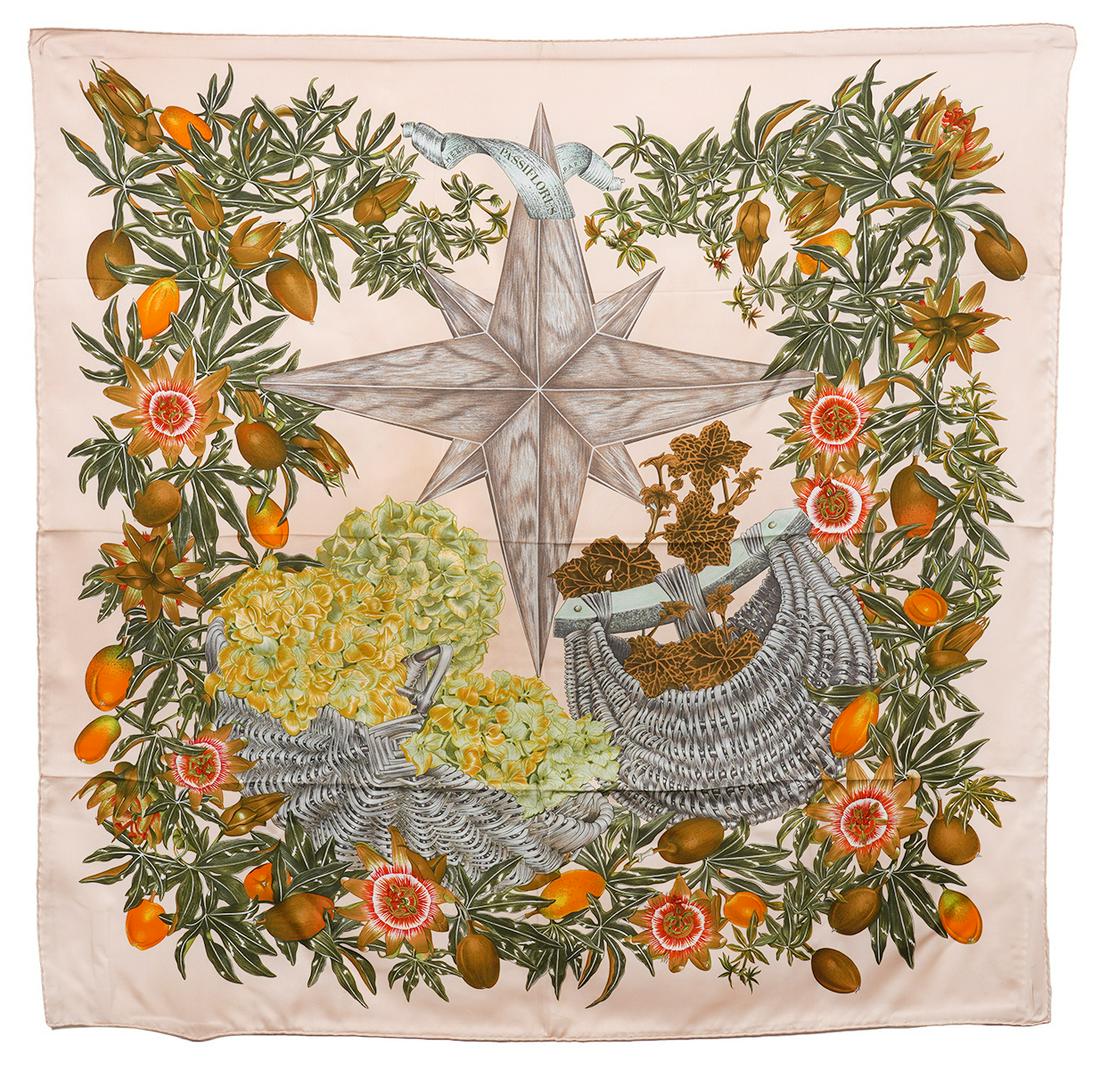 Hermes Peach Passiflores Silk Scarf 90cm: Hemes Passiflores in peach silk with hand rolled edges. Designed by Valerie Dawalt-Dumoulin and originally issued in 1996. Condition grade: 2. Few extremely light spots near one edge. Examine all phot