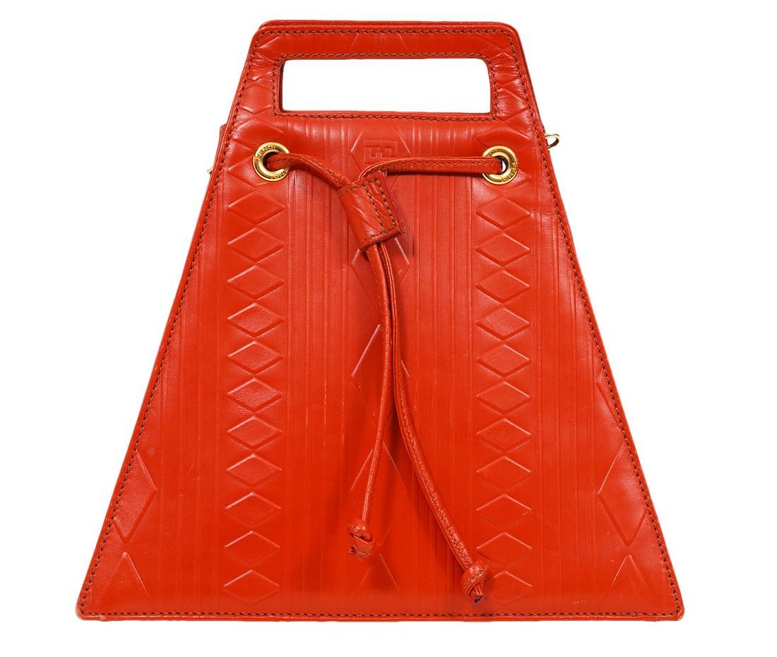 Fendi Vintage Orange Leather Embossed Shoulder Bag: Fendi vintage orange embossed leather accordion triangular hand bag with detachable shoulder strap. 10.5"L x 9.25"H x 5"W. Made in Italy. Includes dust bag. Condition grade: 3, one small and very ligh