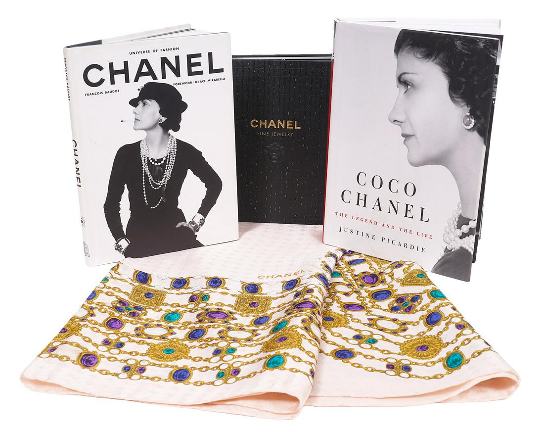 3 Coco Chanel Books and Pink Silk Chanel Scarf: A Chanel scarf in light pink with a Chanel gripoix jewelry design. 34" x 34", and a collection of Chanel books including: "Chanel Fine Jewelry" from the high Jewelry collection with 145 color photogra