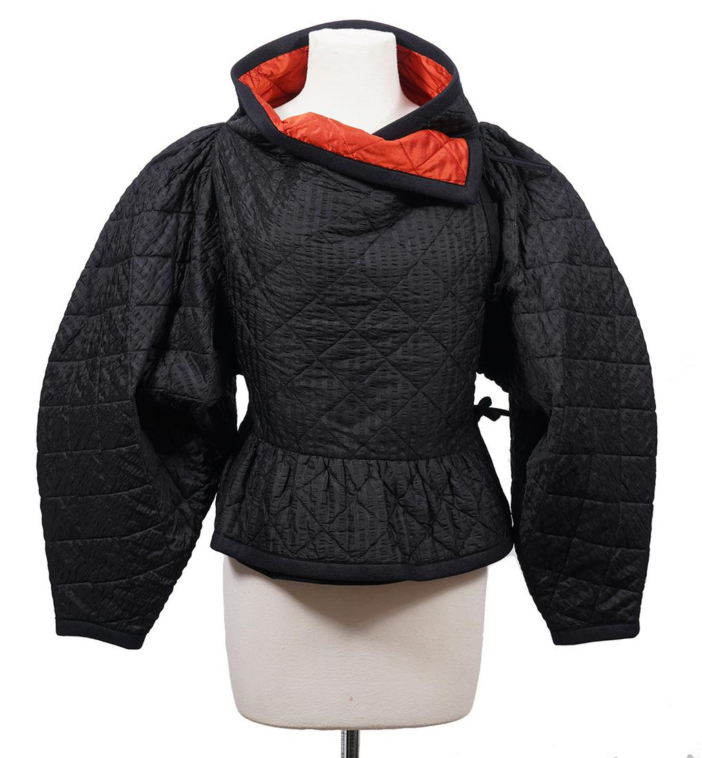 Vintage Lanvin Black Quilted Jacket Size S: Vintage Lanvin black quilted free form jacket featuring gathered sleeves and gathered front peplum. Tie closure. Fully lined in red silk. Size S (size not indicated in jacket). Bust 34", Waist 32", Le