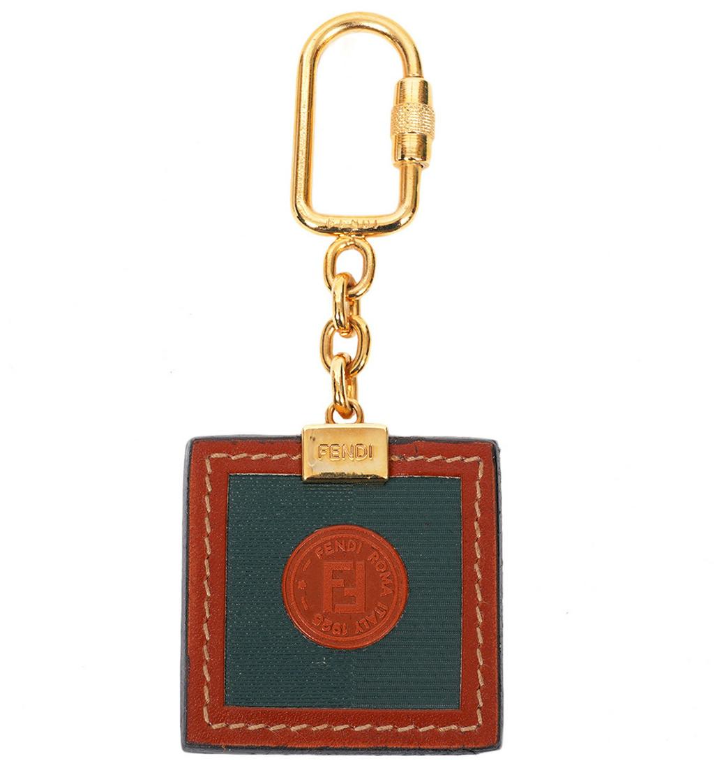 Fendi Key Chain NEW in Box: New Fendi key chain in black and charcoal with brown leather trim and gold tone hardware. In original box. 5"L. Condition grade: 1, NEW. Examine all photos closely. Made in Italy. Contact AAG for more