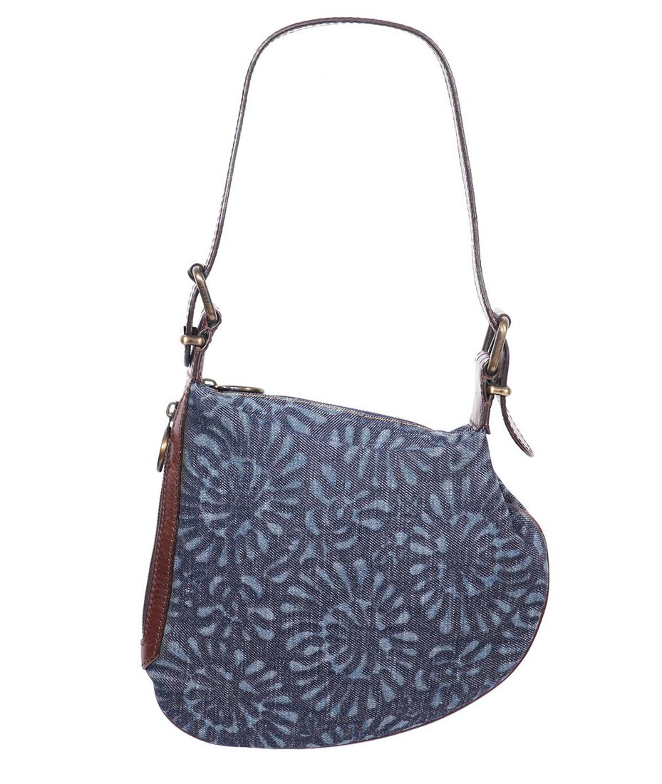 Fendi Blue Denim, Floral, Brown Leather Bag: Fendi blue denim flower bag with brown leather piping trim and wide leather adjustable shoulder strap featuring a side zipper pocket and zipper closure. Lined in blue fabric. 9"L x 7"H x 2"W, strap dr