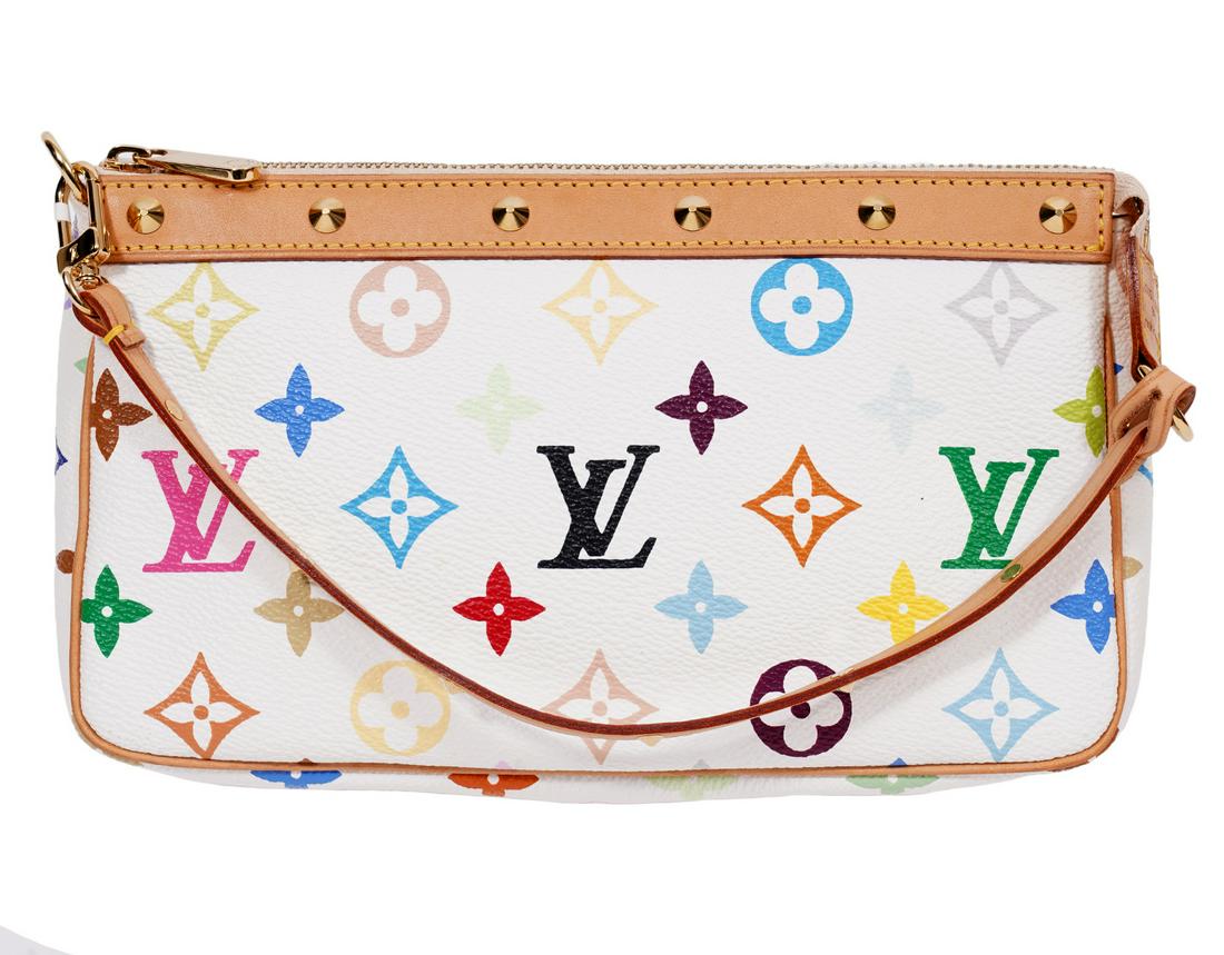 Louis Vuitton White Multi Color Murakami Pouchette: Louis Vuitton white multi color studded pouchette hand bag, designed by Takashi Murakami. Lined in Alcantara and trimmed in Vachetta leather. 8.5"L x 4.75"H x 1.75"W, Strap Drop 5.5". Made in France. 