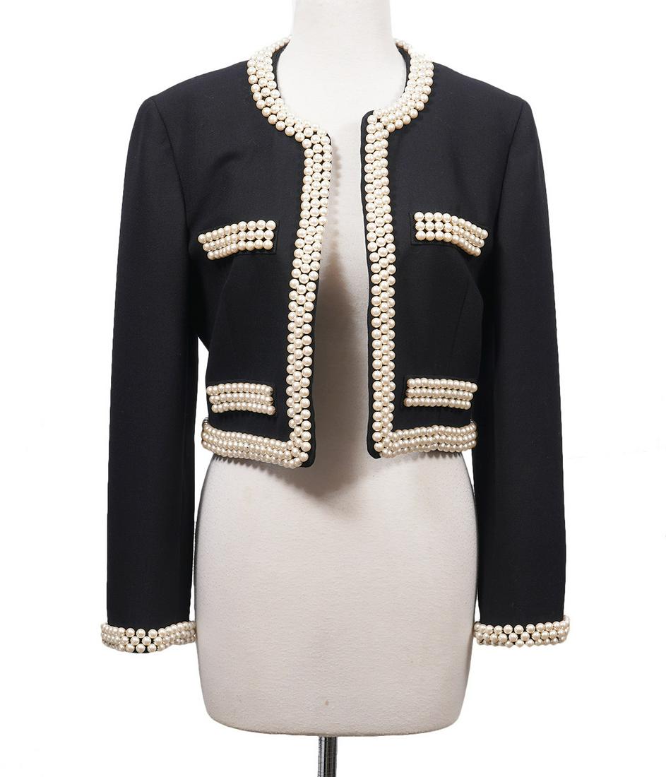 Moschino Couture Pearl & Black Blazer Size 8: Moschino Couture black open front blazer trimmed with 3 rows of pearls. Fully lined. Size 8, Bust 36", Length from shoulder 17". Made in Italy. Condition grade: 1. Examine all photos closely. Contact