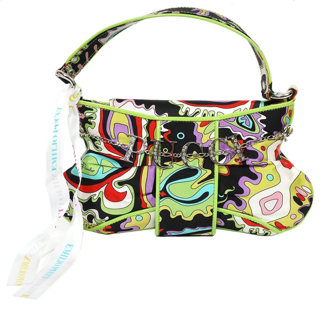 Emilio Pucci Miniature Hand Bag: Emilio Pucci mini hand bag in bright multi-colors with lime green patent trim. The front is accented with shiny silver 'PUCCI" adorned with sparkling rhinestones. 9"L x 5"H x 1.5"W. Condition grade: 1