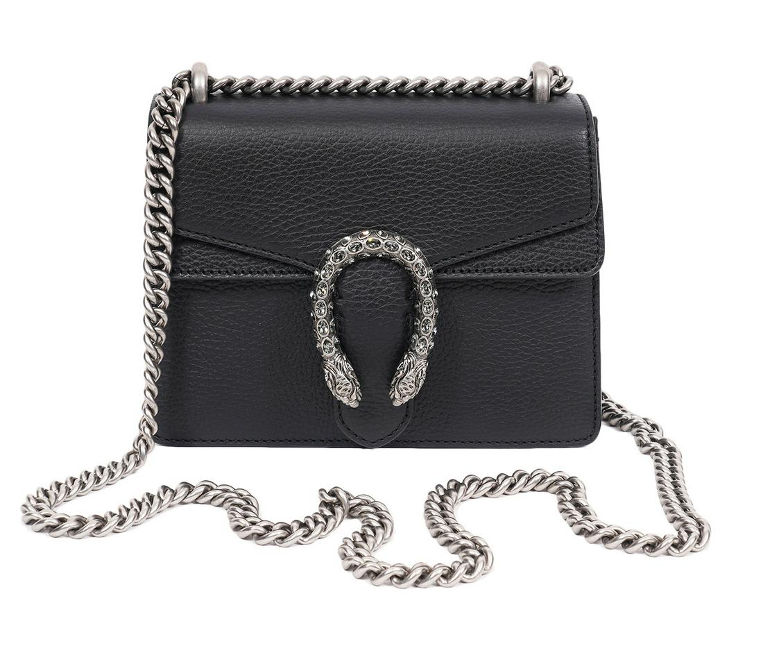 Gucci Dyonisus Black Calfskin Cross Body NEW: Gucci Dyonisus black pebbled calfskin featuring a silver tone crystal encrusted tiger head spur and silver tone chain strap. Lined in beige canvas. 8"L x 6"H x 2"W, strap drop 23". Made in Italy. 42XX