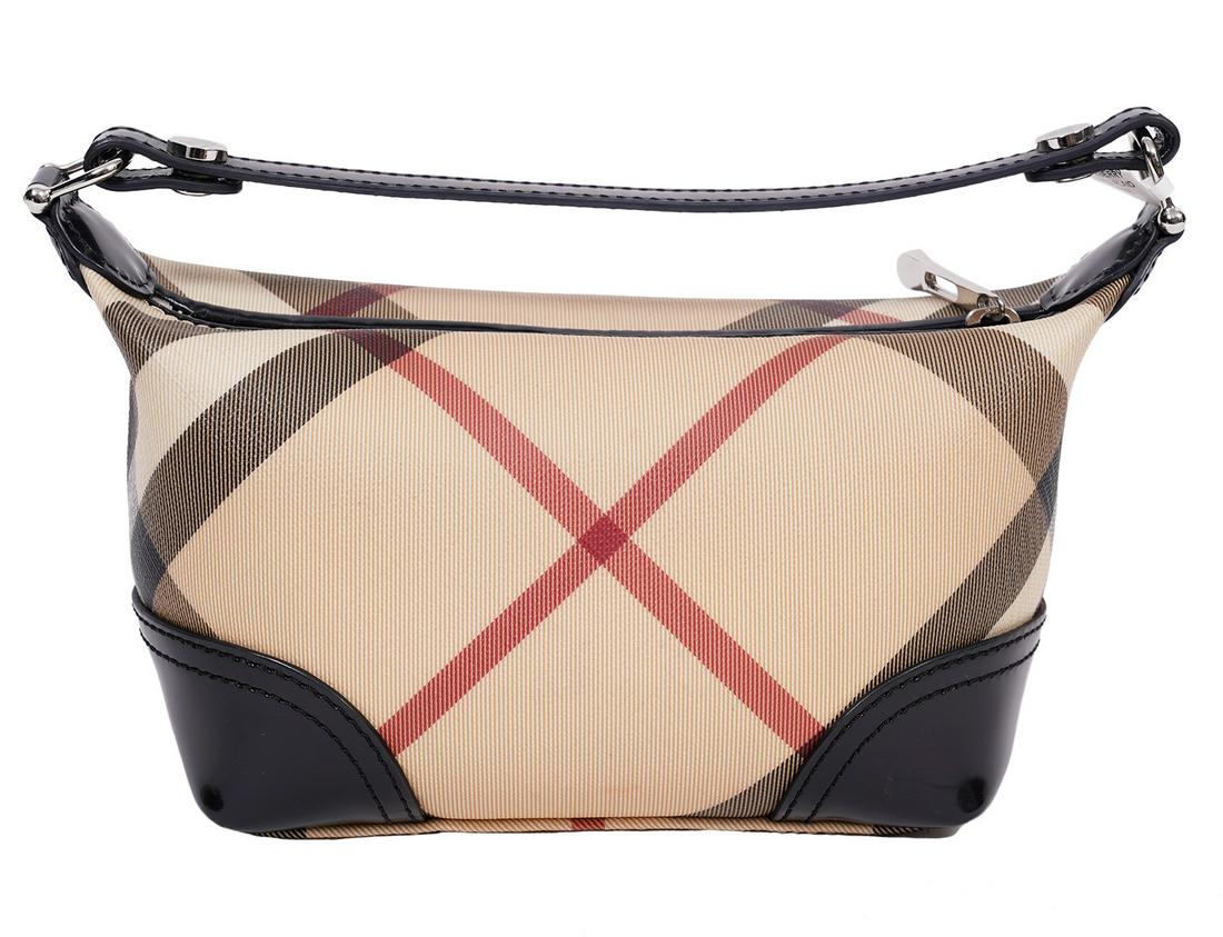 Burberry Mini Nova Tartan Satchel Bag: Burberry mini Nova Tartan coated canvas satchel with black patent leather trim and hand strap. Size: 6.5"L x 5"H x 4"W. Condition grade: 1. Examine all photos closely. Contact AAG for more detailed in