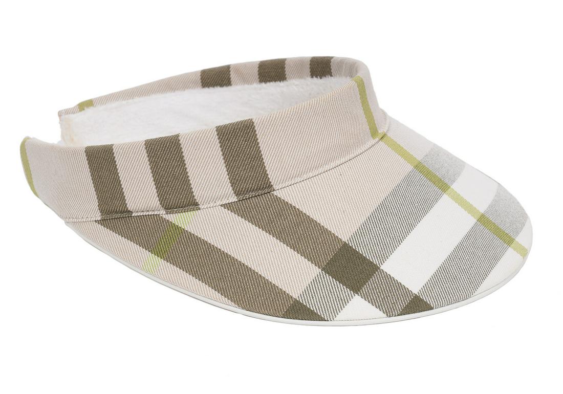 Burberry Check Visor Terrycloth Lined One Size: Burberry check visor lined in white terrycloth. One Size. Condition grade: 2. Very light make up on inside ends. Examine all photos closely. Contact AAG for more detailed information if needed. AAG is