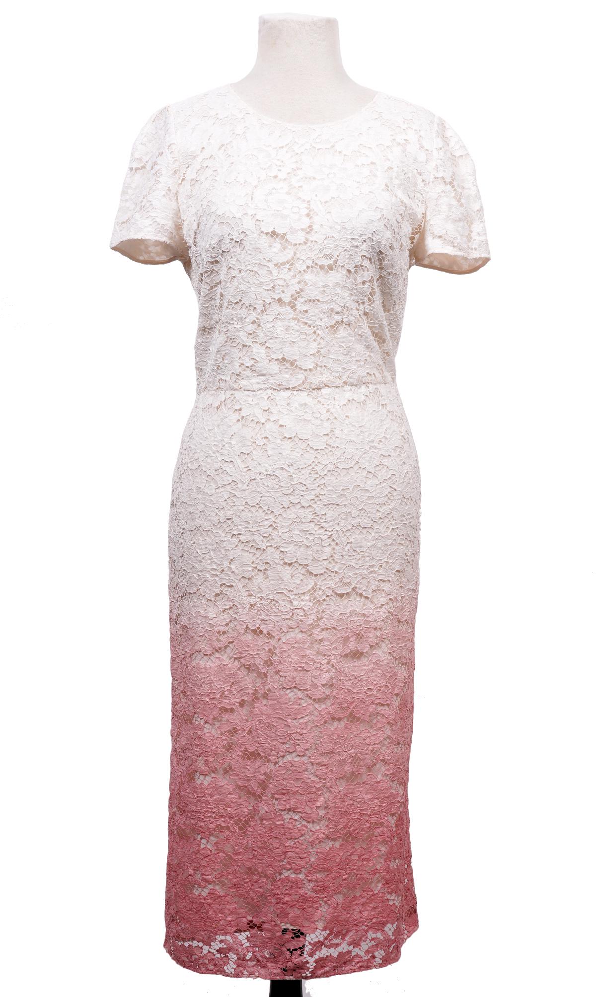 Burberry Lace White & Rose Ombre Dress Sz 44: Burberry Prorsum short sleeve, cotton and rayon blend dress in floral lace ombre from white to "antique rose". Fully lined. Made in Italy. Size 44, bust 34", was it 30", hip 36", length from shoulder