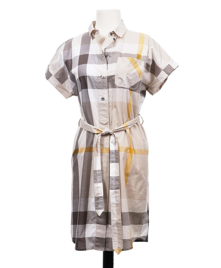 Burberry Brit Mink Grey Check Shirt Dress Sz 4: Burrberry Brit mink gray checked button down shirt dress with waist tie. Size 4, bust 36", hip 36", length from shoulder 36". Condition grade: 1, NEW with tags, Retail $550.00. Examine all photos clos