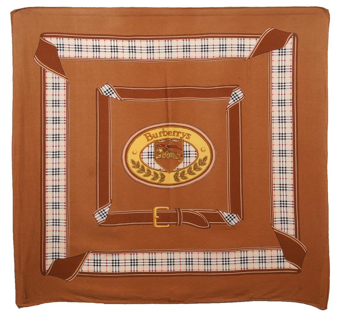 Vintage Burberrys Check Silk Scarf: Vintage Burberrys check silk scarf featuring the Burrberry crest in the center. Hand rolled edges. 32" x 32". Condition grade: 2. Examine all photos closely. Contact AAG for more detailed information