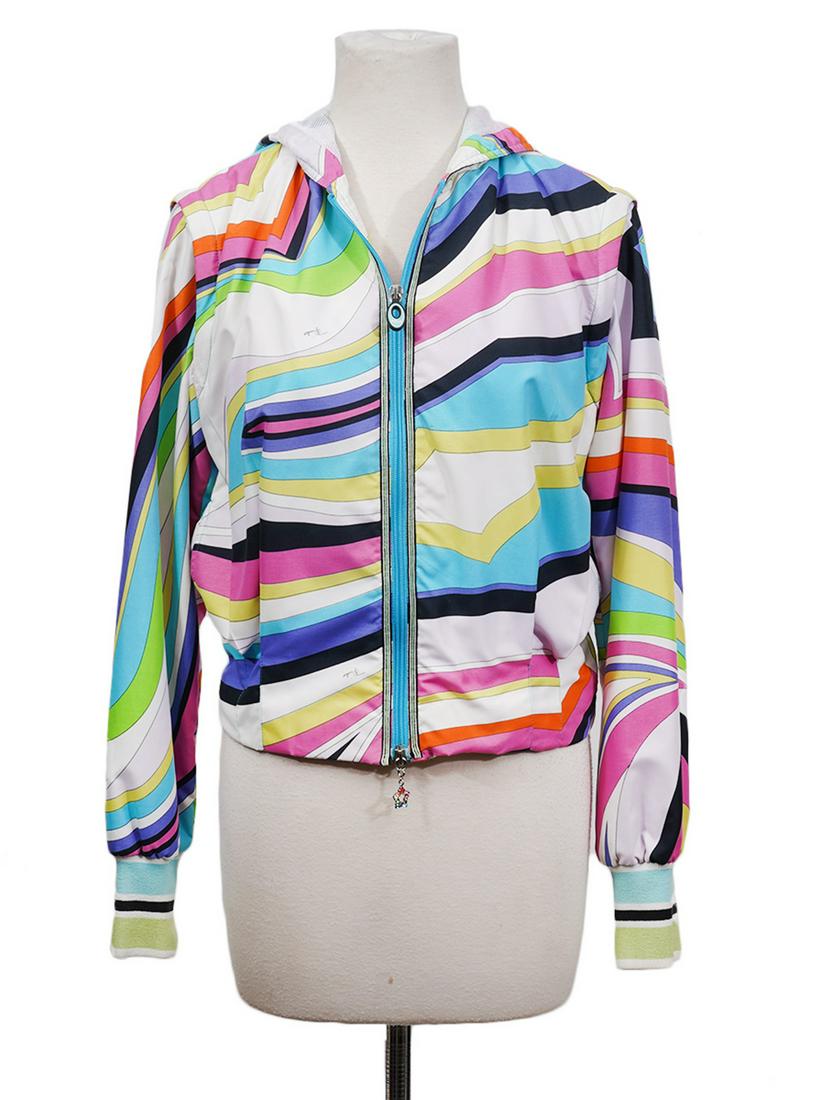 Emilio Pucci Windbreaker Vest Jacket Size 8: Emillio Pucci Windbreaker jacket with removable sleeves. Lined in mesh. Size 8. Bust 38", Length from shoulder 20". Condition grade: 2. Examine all photos closely. Contact AAG for more detailed inform