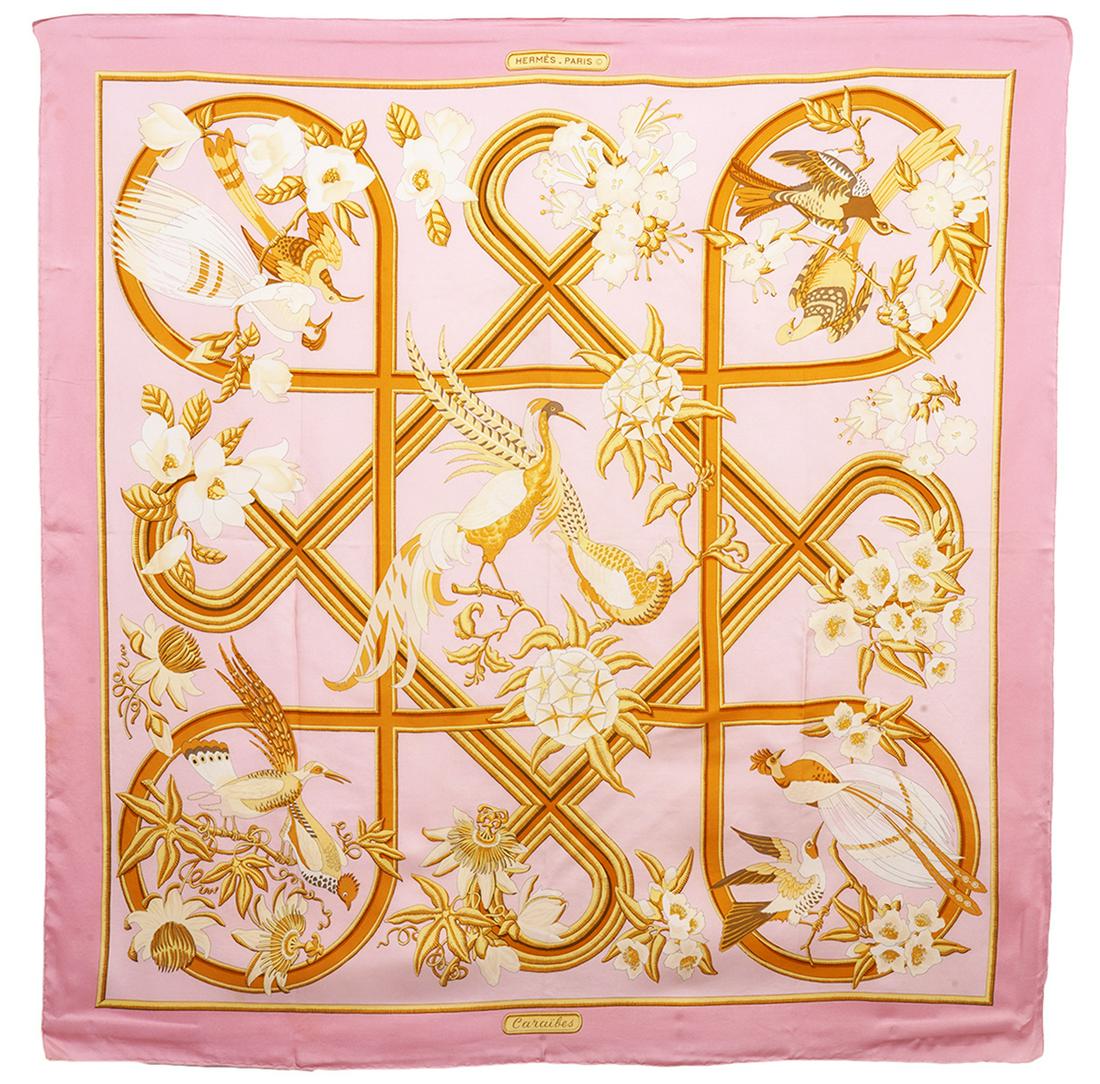 Hermes Cariabes Pink Silk Scarf 90cm: Hermes Cariabes pink silk scarf with hand rolled edges designed by Christiane Vauzelles. 34" x 34". Condition grade: 3. One very small light spot near edge. Examine all photos closely. Contact AAG for