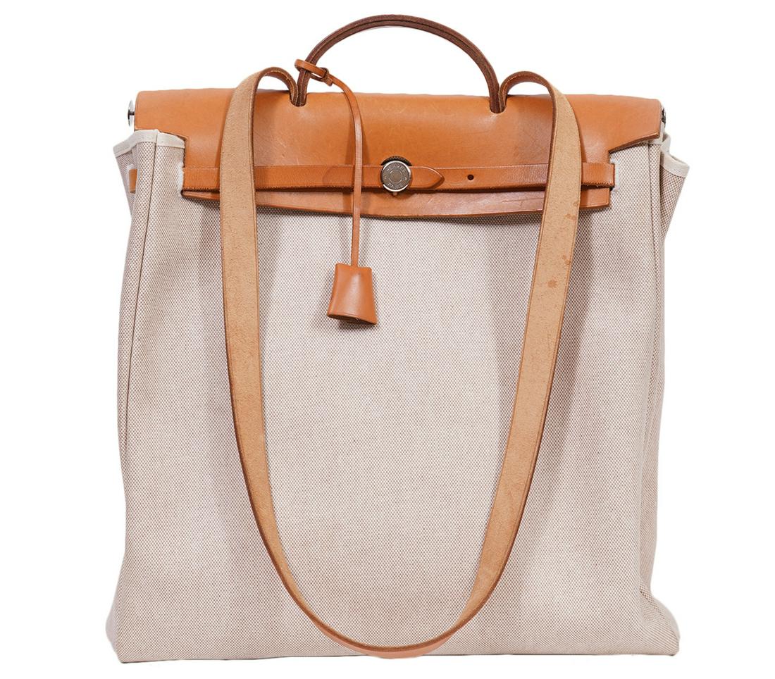 Hermes Toile & Leather Herbag XL 1998: 2 Way Hermes Herbag shoulder tote bag in natural toile with leather trim. . This 2 in 1 bag utilizes removable straps and closures with 2 individual toile bag bodies. All removable pieces are leather.