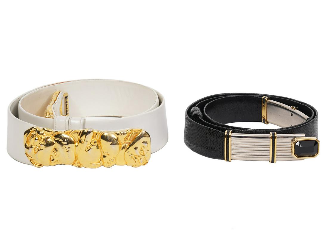 2 Judith Leiber Vintage Belts Beige & Black: 2 Judith Leiber vintage belts: beige with a long, gold face sculptured buckle adjustable up to 38"L, and a black adjustable up to 37"L. Condition grade: Beige - 4, shows wear and age, black - 2. Exami