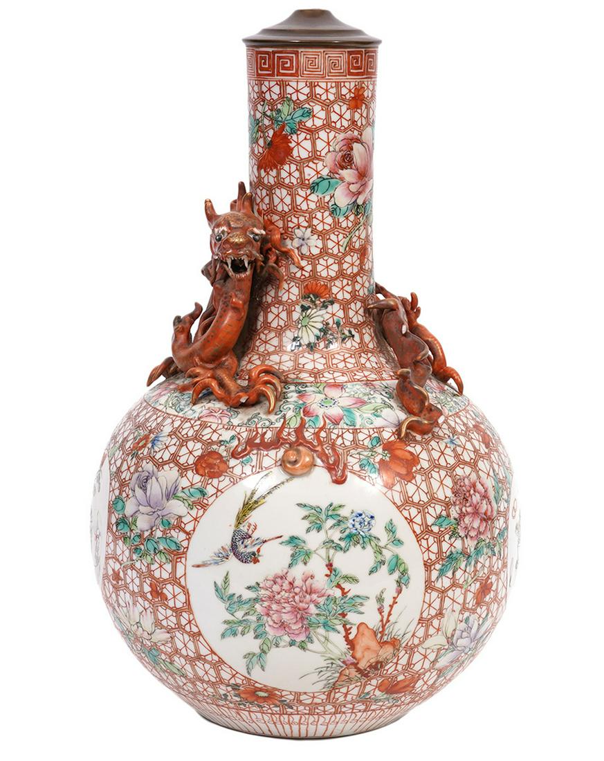 Chinese Famille Rose Vase with Encrusted Dragon (1 of 16)