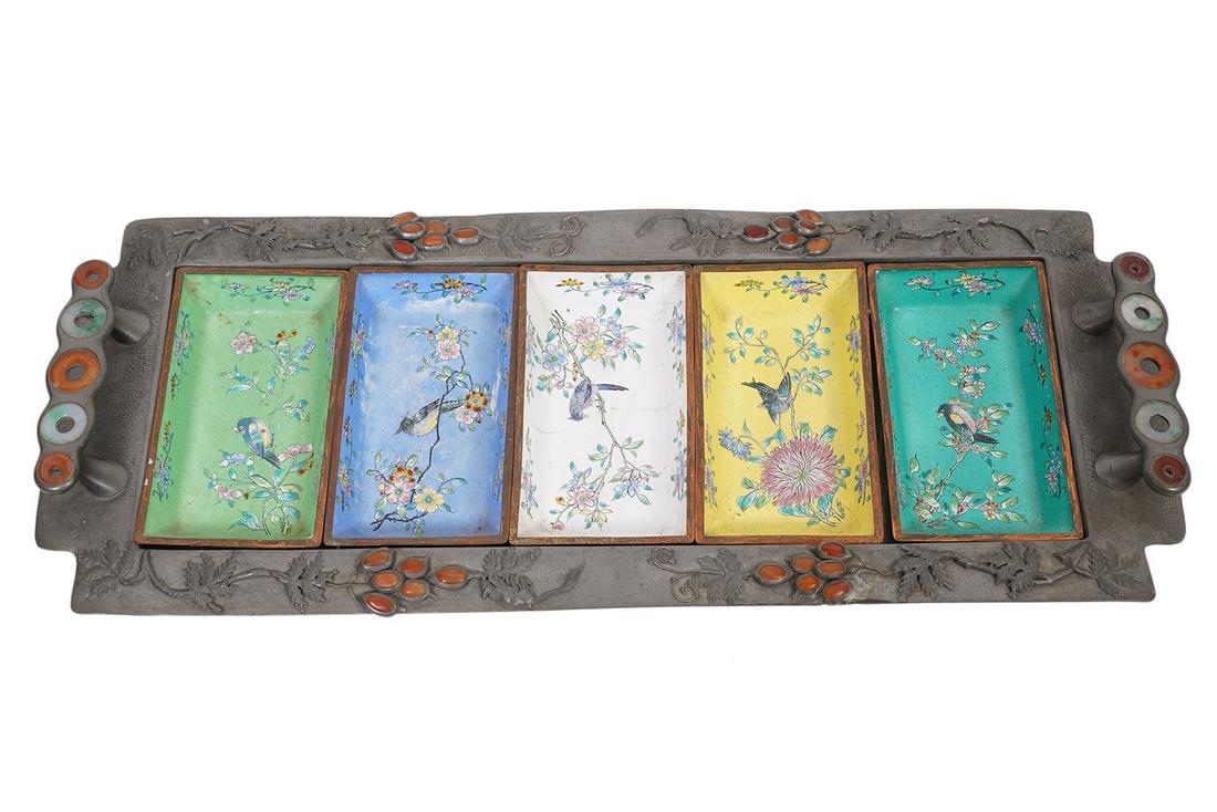 Chinese Jade Mounted Pewter Tray w/ Inserts (1 of 10)