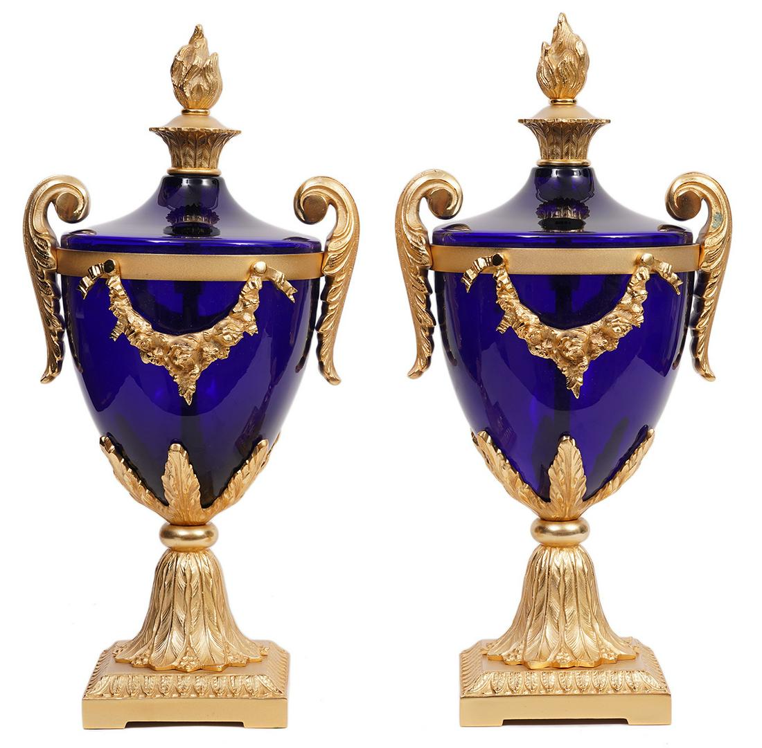 Cobalt Glass and Gilt Bronze Urns (1 of 7)