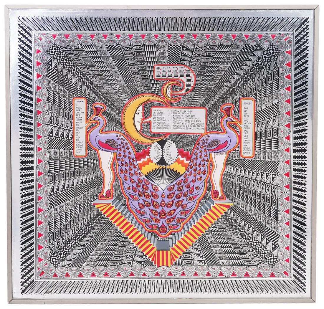 Pedro Friedeberg Metallic Foil 'Peacock' Serigraph: Pedro Friedeberg, Italy/Mexico (1936-). 'Peacock' metallic foil serigraph signed lower right, numbered lower left 164/200. Measures 24.5"H x 24.5"W framed; 23.75"H x 23.75"W unframed. Condition report