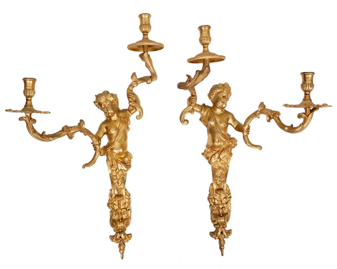 Pr. 19th Ct. Figural French Dore Bronze Sconces (1 of 7)