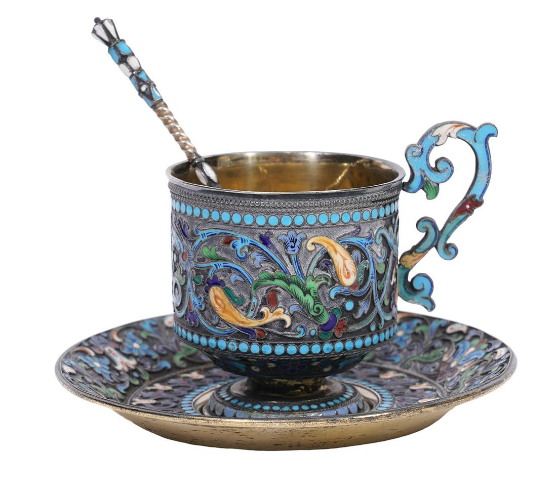 Russian Enameled Silver Cup, Spoon & Saucer (1 of 11)