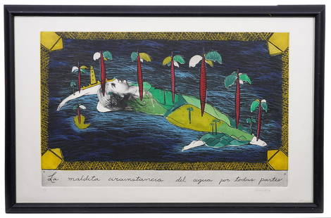 Sandra Ramos Aquatint Etching: Sandra Ramos, Cuba (1969-) Aquatint etching signed lower right and numbered lower left 8/10. 'The Damned Circumstance of Water Everywhere' titled along bottom. Measures 26"H x 40"W framed; 19"H x 30.5