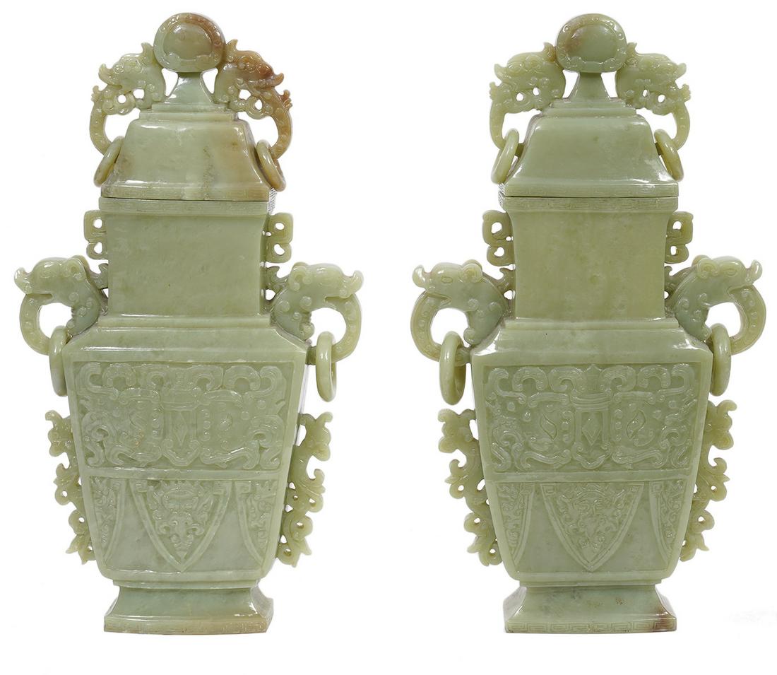 Pair Chinese Carved Jade Lidded Urns (1 of 20)