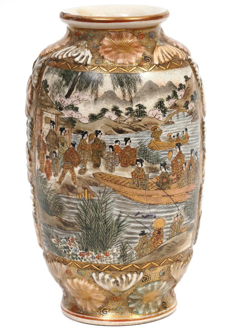 Japanese Meiji Period Satsuma Vase: Japanese raised relief porcelain Satsuma vase. Marked on bottom by Hododa. Very nicely painted scene. 6.25" H. Condition report: good condition with normal wear from age. Examine all photos closely. C